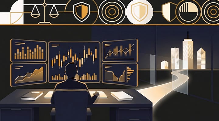 Trader analizando datos de mercado en pantallas